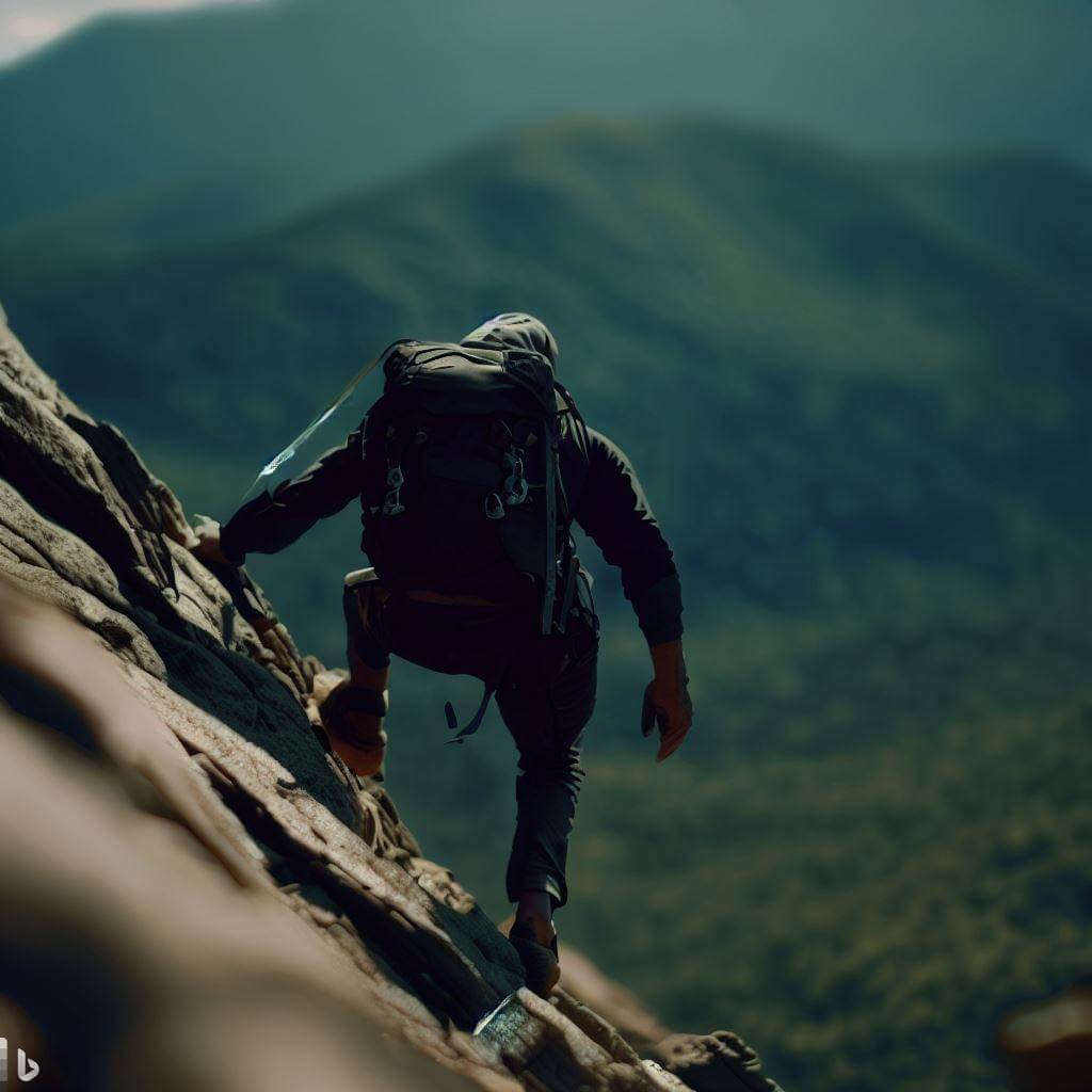 ai generated image with prompt: climbing a mountain in new hampshire, from behind, tilted frame, midday, natural colors, high-res textures, ultra-detailed, photorealistic, 8k, extreme long shot