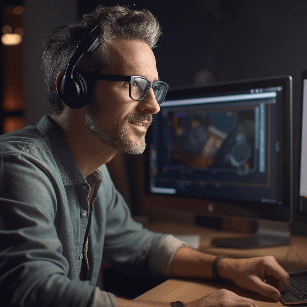 ai generated image with prompt: male in 40s on a virtual video call on computer, talking, computer, over the shoulder shot, tilted frame, natural colors, high-resolution textures, ultra-detailed, photorealistic, cinematic, megapixel cinematic lighting, anti-aliasing, SFX, VFX, CGI, RTX, SSAO, FKAA, TXAA, HDR, 8k, midday, --quality 2 --style raw