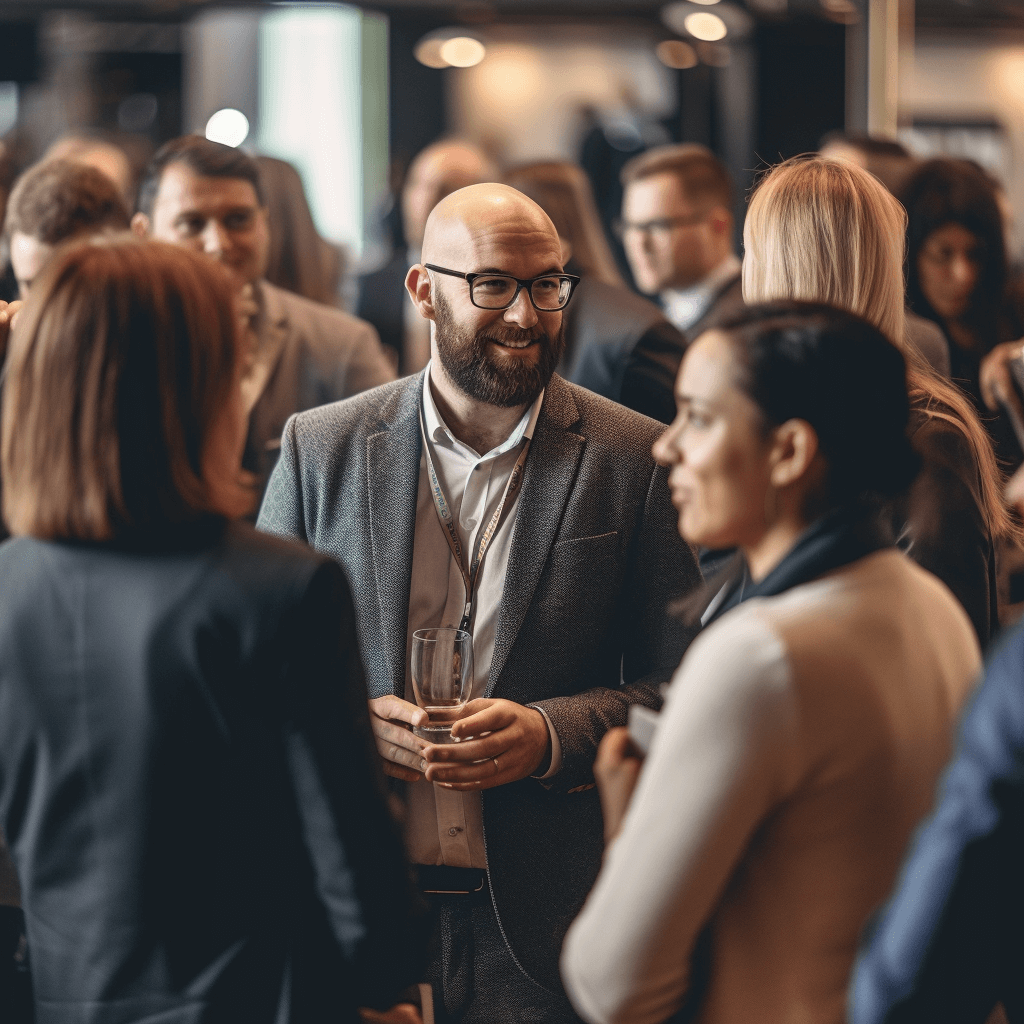 ai generated image with prompt: professionals networking at a business event, tilted frame, natural colors, high-resolution textures, ultra-detailed, photorealistic, cinematic, megapixel cinematic lighting, anti-aliasing, SFX, VFX, CGI, RTX, SSAO, FKAA, TXAA, HDR, 8k, midday, --quality 2 --style raw