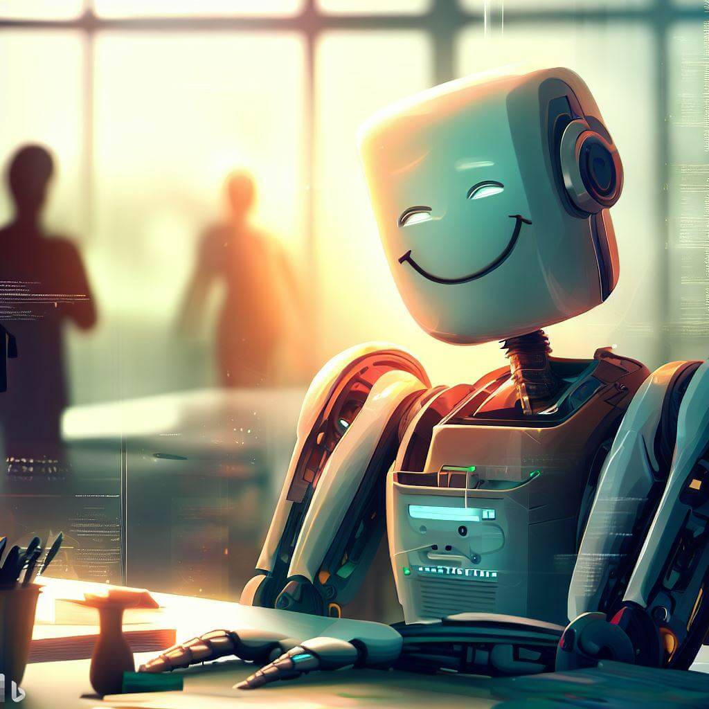ai generated image with prompt: robot, smiling, in an office, working with people, high-detail, peaceful, digital art, extreme long shot