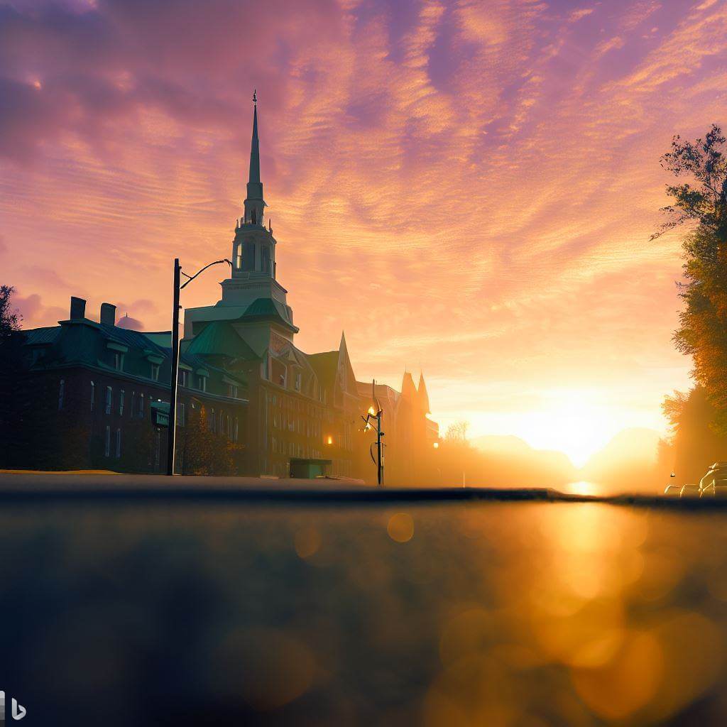ai generated image with prompt: sunrise Concord New Hampshire, from the ground, tilted frame, natural colors, high-resolution textures, ultra-detailed, photorealistic, 8k